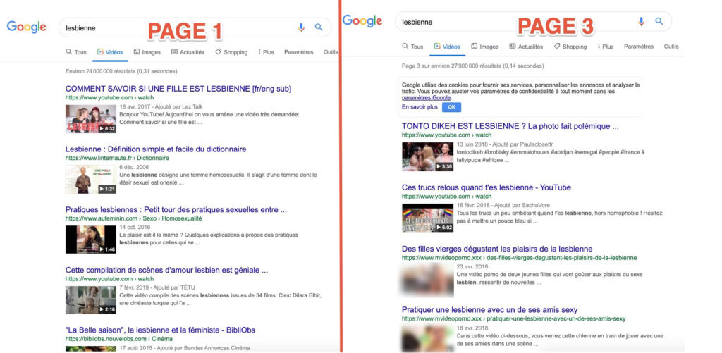 Une recherche avec le mot" lesbienne" dans l'onglet vidéo de google // Source : Capture / 30 octobre 2019 Une recherche avec le mot" lesbienne" dans l'onglet vidéo de google // Source : Capture / 30 octobre 2019