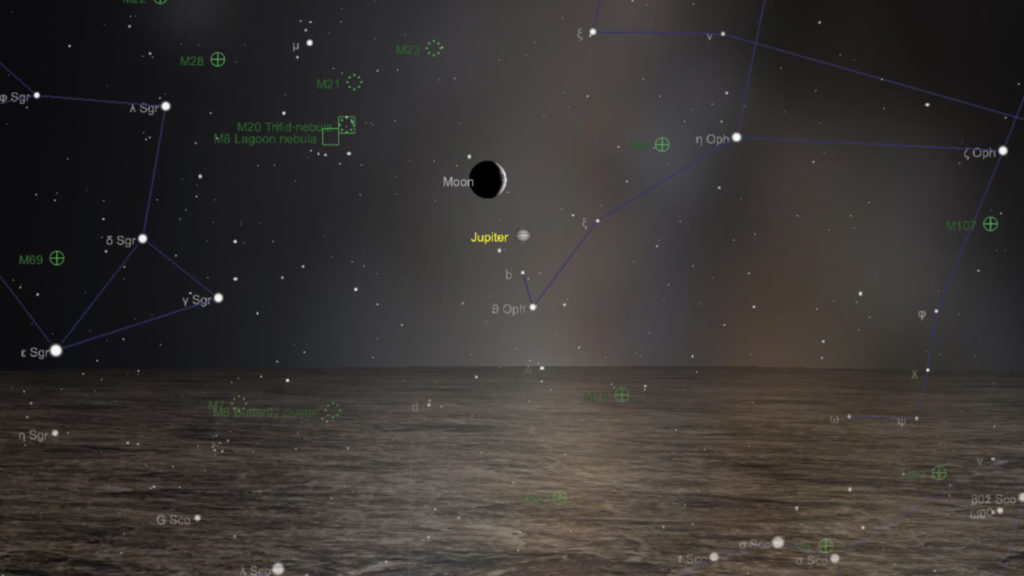La Lune et Jupiter, vues de Paris à 19h20 le 31 octobre 2019. // Source : Capture d'écran The Sky Live La Lune et Jupiter, vues de Paris à 19h20 le 31 octobre 2019. // Source : Capture d'écran The Sky Live