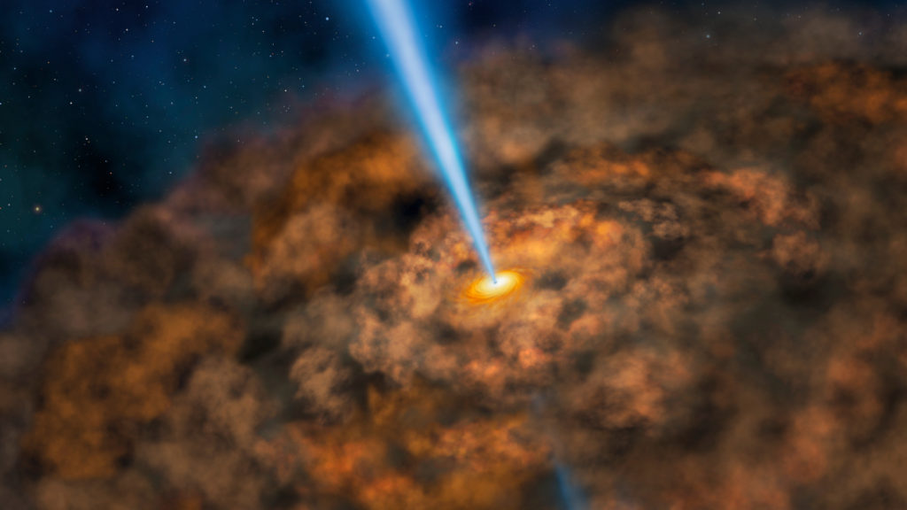 Un trou noir actif entouré d'un nuage de poussière. // Source : NASA/SOFIA/Lynette Cook (photo recadrée) Un trou noir actif entouré d'un nuage de poussière. // Source : NASA/SOFIA/Lynette Cook (photo recadrée)