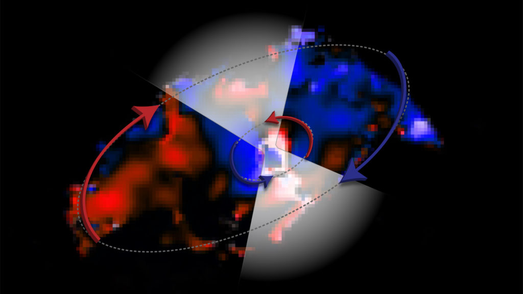 Les deux disques de gaz qui tournent dans des directions opposées autour du trou noir de NGC 1068. // Source : ALMA (ESO/NAOJ/NRAO), V. Impellizzeri; NRAO/AUI/NSF, S. Dagnello (photo recadrée) Les deux disques de gaz qui tournent dans des directions opposées autour du trou noir de NGC 1068. // Source : ALMA (ESO/NAOJ/NRAO), V. Impellizzeri; NRAO/AUI/NSF, S. Dagnello (photo recadrée)