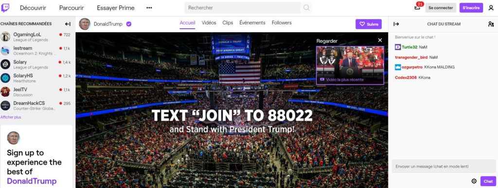 La chaîne de Donald Trump // Source : Capture d'écran Twitch / Numerama La chaîne de Donald Trump // Source : Capture d'écran Twitch / Numerama