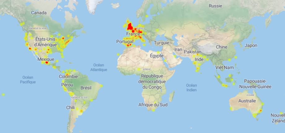 Une carte représentant des pannes signalées ce matin sur Twitter. // Source : istheservicedown Une carte représentant des pannes signalées ce matin sur Twitter. // Source : istheservicedown