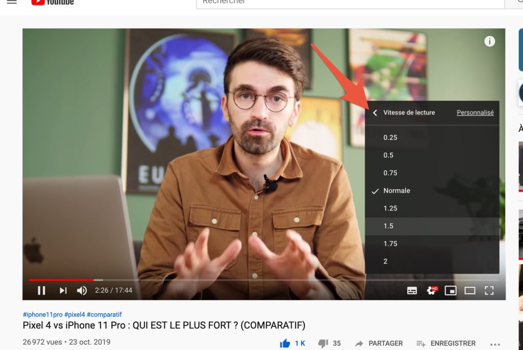 Un exemple de changement de vitesse de lecture sur YouTube // Source : YouTube/Numerama Un exemple de changement de vitesse de lecture sur YouTube // Source : YouTube/Numerama