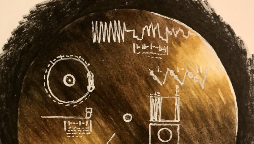 Dessin publié sur le compte Twitter de Sarah Noble à l'occasion d'Inktober 2019. C'est une représentation du disque musical envoyé sur les sondes spatiales Voyager. // Source : @IntrplnetSarah Dessin publié sur le compte Twitter de Sarah Noble à l'occasion d'Inktober 2019. C'est une représentation du disque musical envoyé sur les sondes spatiales Voyager. // Source : @IntrplnetSarah