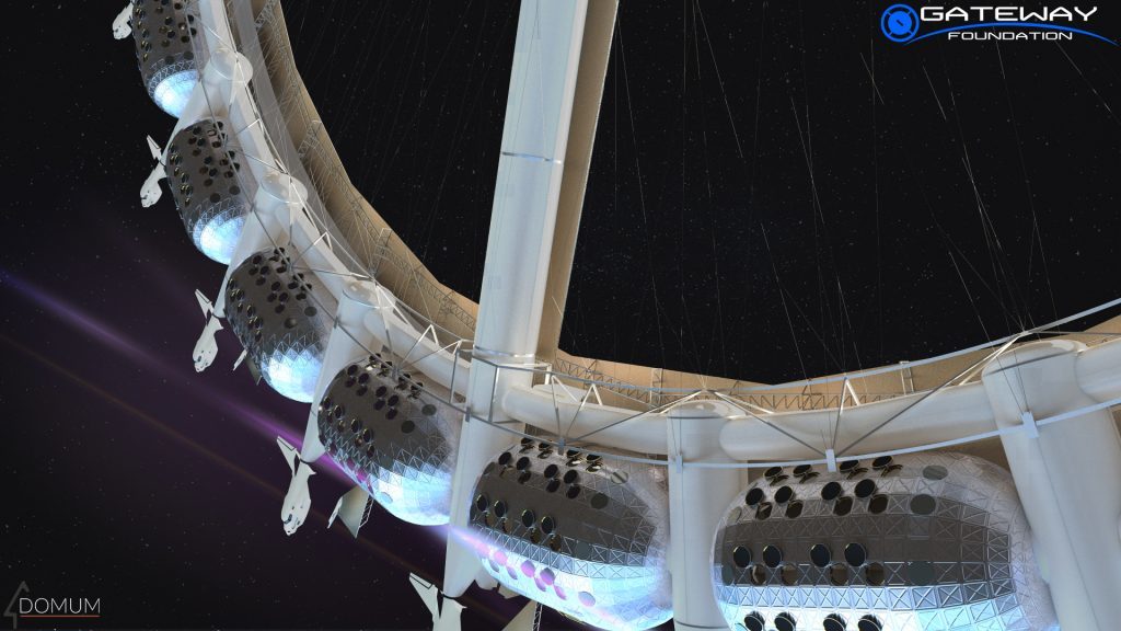 La station spatiale serait en forme de roue, et les habitations placées sur les bords excentriques. // Source : The Gateway Foundation La station spatiale serait en forme de roue, et les habitations placées sur les bords excentriques. // Source : The Gateway Foundation