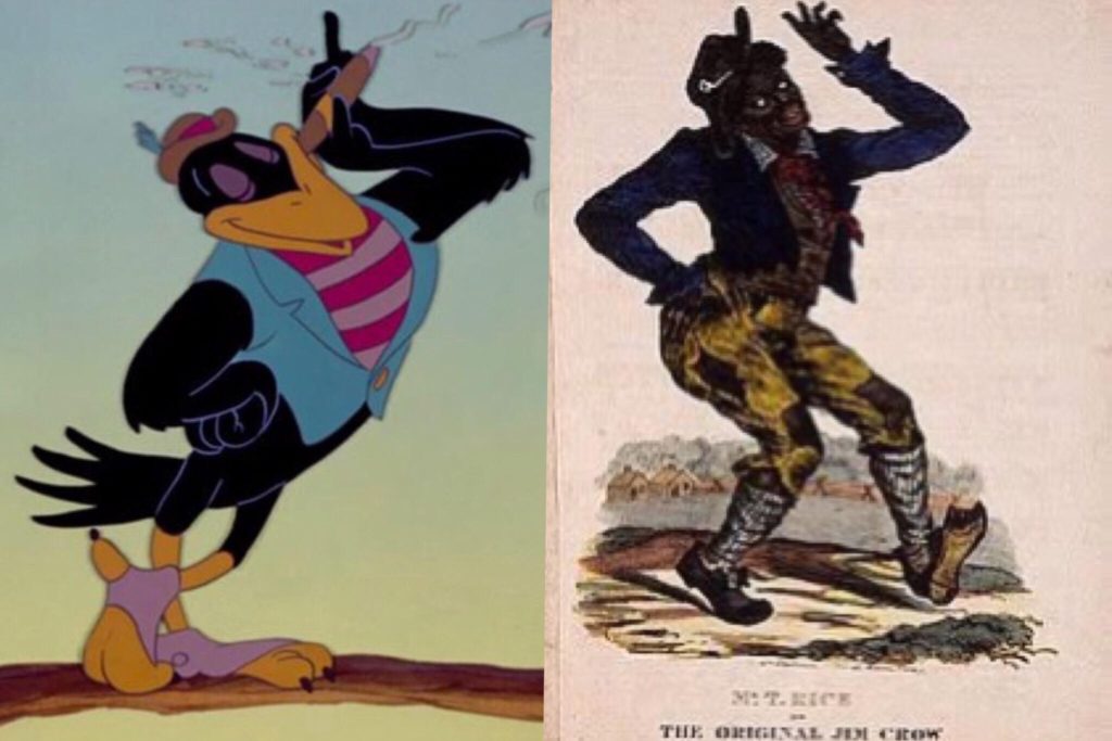 Le corbeau Jim Crow à gauche, une affiche raciste de la loi Jim Crow // Source : boardwalktimes.net Le corbeau Jim Crow à gauche, une affiche raciste de la loi Jim Crow // Source : boardwalktimes.net