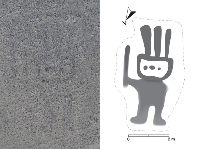 L'intelligence artificielle a détecté un géoglyphe à partir des faibles traces visibles sur l'image de gauche. // Source : Yamagata University L'intelligence artificielle a détecté un géoglyphe à partir des faibles traces visibles sur l'image de gauche. // Source : Yamagata University