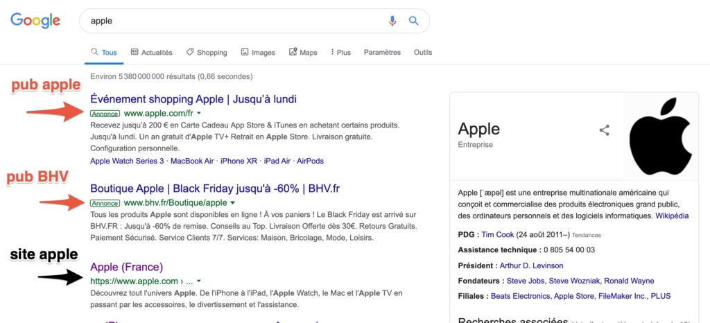 Une recherche "Apple" sur Google FR le 29 novembre 2019 Une recherche "Apple" sur Google FR le 29 novembre 2019
