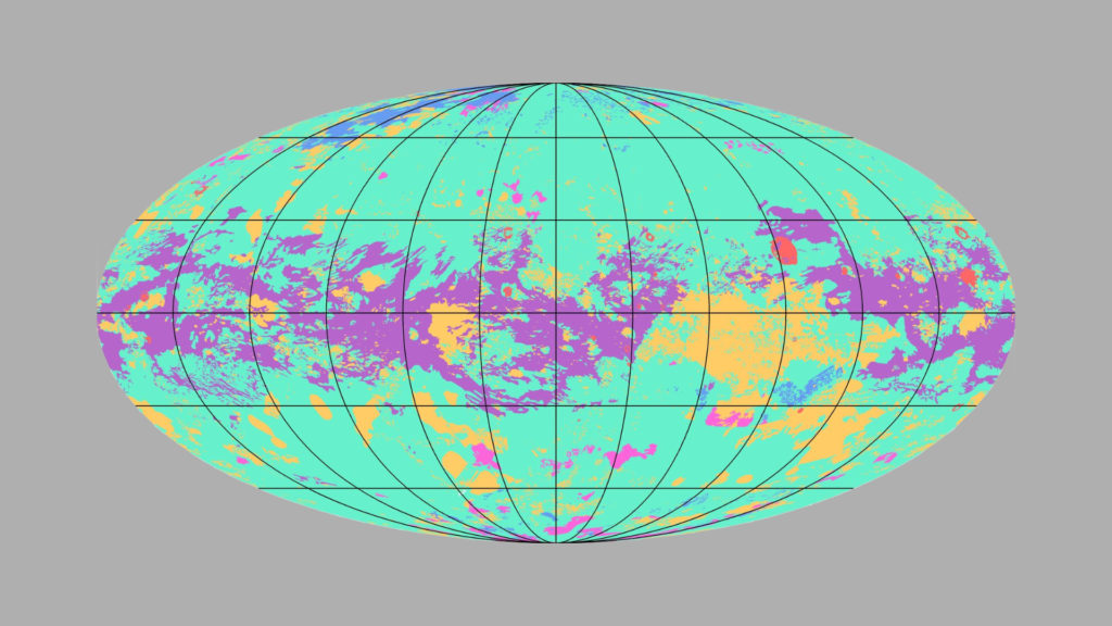 La carte géologique de Titan, la plus grande lune de Saturne. // Source : NASA/JPL-Caltech/ASU (photo recadrée et modifiée) La carte géologique de Titan, la plus grande lune de Saturne. // Source : NASA/JPL-Caltech/ASU (photo recadrée et modifiée)