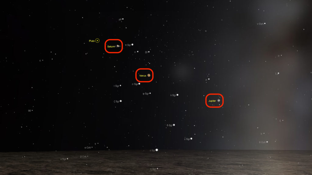 Des planètes visibles à l'œil nu le 5 décembre, à 17h10, vu de Paris. // Source : Capture d'écran The Sky Live, annotations Numerama Des planètes visibles à l'œil nu le 5 décembre, à 17h10, vu de Paris. // Source : Capture d'écran The Sky Live, annotations Numerama