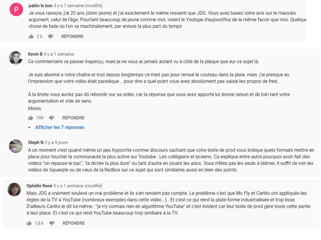 Des commentaires publiés sous la vidéo de McFly et Carlito. // Source : Capture d'écran YouTube Des commentaires publiés sous la vidéo de McFly et Carlito. // Source : Capture d'écran YouTube