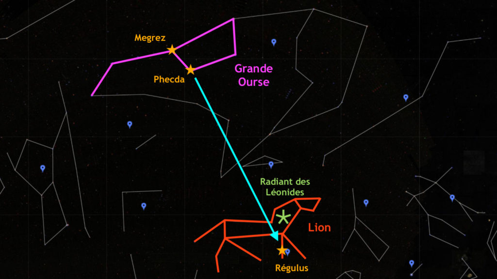 Une astuce pour trouver la constellation du Lion. // Source : Capture d'écran Google Sky, annotations Numerama Une astuce pour trouver la constellation du Lion. // Source : Capture d'écran Google Sky, annotations Numerama