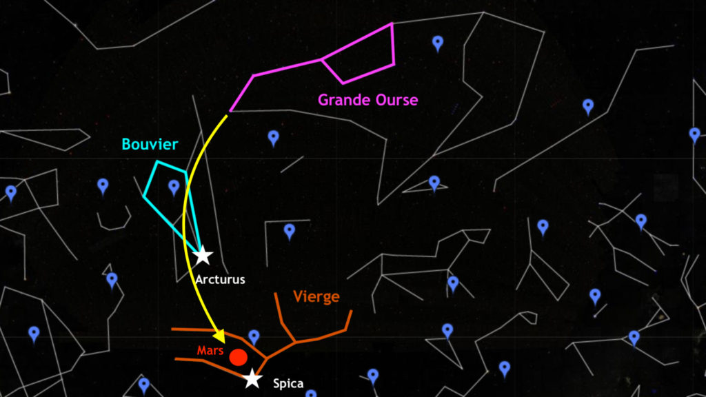 Une astuce bien utile pour trouver Spica. // Source : Capture d'écran Google Sky, annotations Numerama Une astuce bien utile pour trouver Spica. // Source : Capture d'écran Google Sky, annotations Numerama