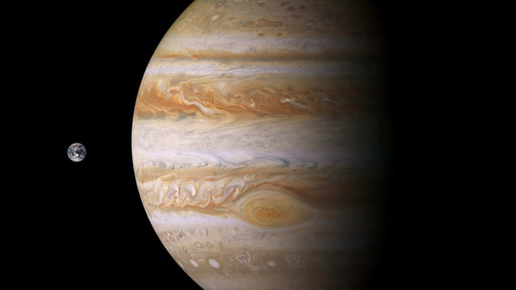 La taille de la Terre, comparée à celle de Jupiter. // Source : Flickr/CC/Brian Altmeyer (photo recadrée) La taille de la Terre, comparée à celle de Jupiter. // Source : Flickr/CC/Brian Altmeyer (photo recadrée)