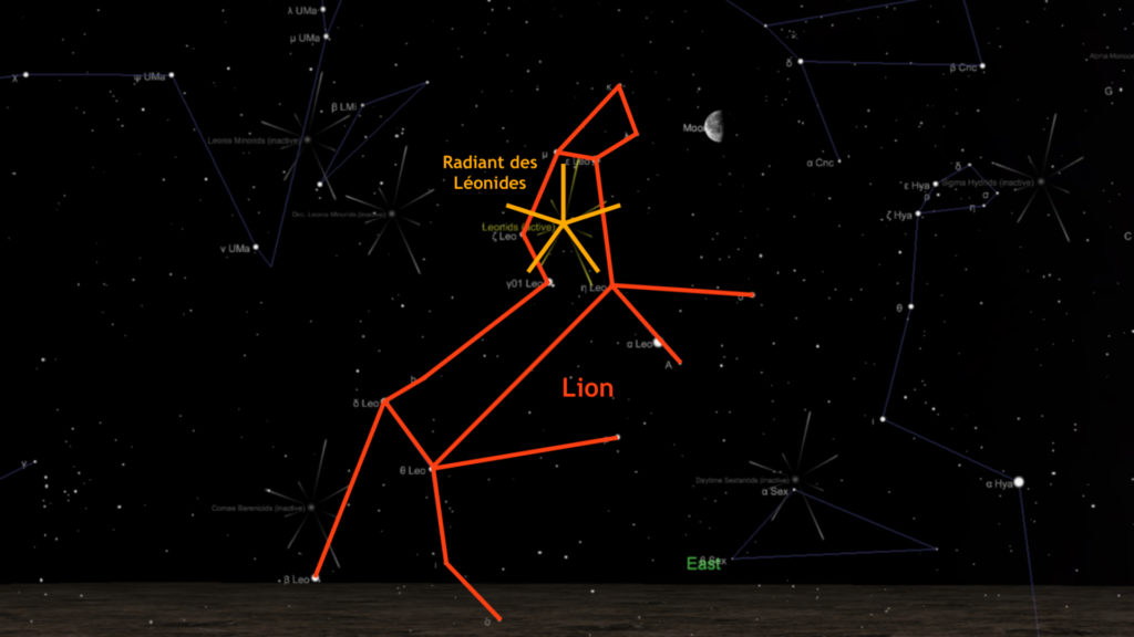 Le radiant des Léonides, vu de Paris le 19 novembre à 1h30. // Source : Capture d'écran The Sky Live, annotations Numerama Le radiant des Léonides, vu de Paris le 19 novembre à 1h30. // Source : Capture d'écran The Sky Live, annotations Numerama
