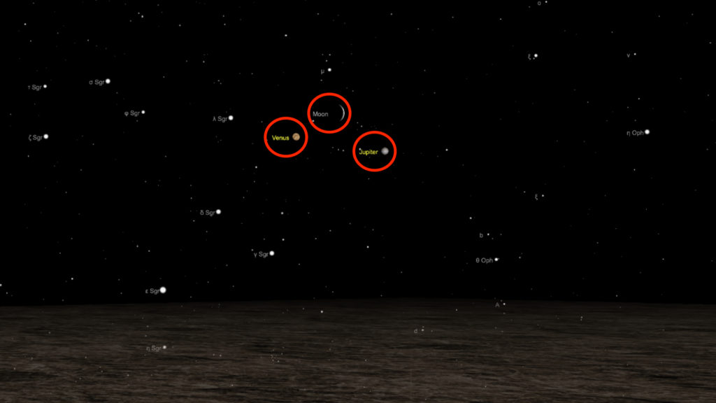 Vénus, la Lune et Jupiter vues de Paris le 28 novembre 2019, à 17h30. // Source : Capture d'écran The Sky Live, annotations Numerama Vénus, la Lune et Jupiter vues de Paris le 28 novembre 2019, à 17h30. // Source : Capture d'écran The Sky Live, annotations Numerama