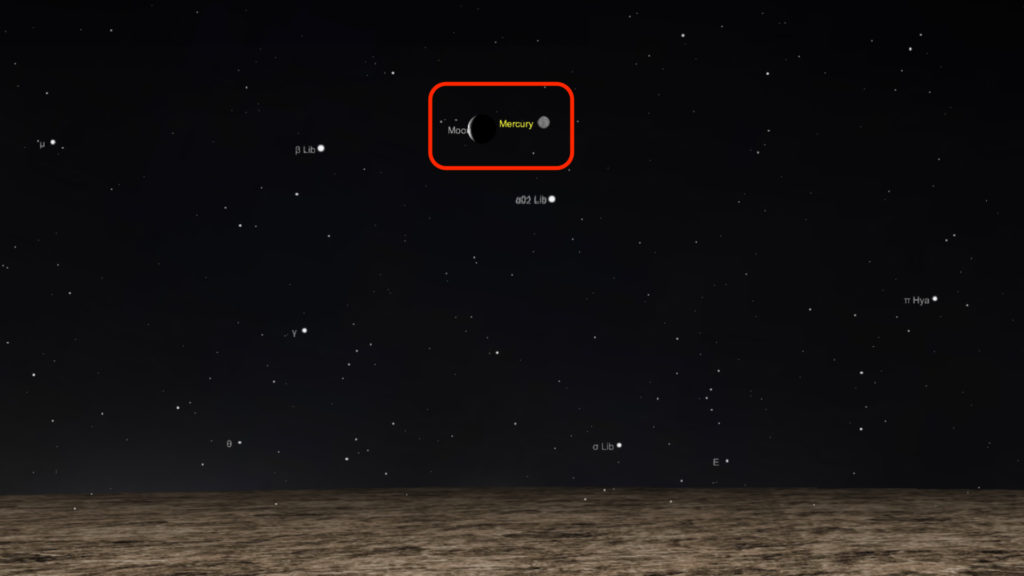 La Lune et Mercure le 25 novembre 2019 à 7h50, vues de Paris. // Source : Capture d'écran The Sky Live, annotations Numerama La Lune et Mercure le 25 novembre 2019 à 7h50, vues de Paris. // Source : Capture d'écran The Sky Live, annotations Numerama