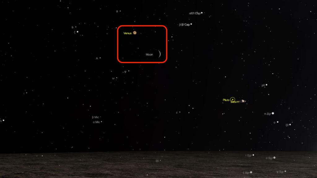La Lune et Vénus le 28 décembre 2019 à 17h20, vues de Paris. // Source : Capture d'écran The Sky Live, annotations Numerama La Lune et Vénus le 28 décembre 2019 à 17h20, vues de Paris. // Source : Capture d'écran The Sky Live, annotations Numerama