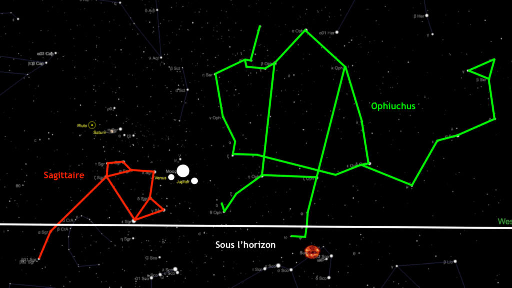 Les constellations autour de cette belle rencontre. // Source : Capture d'écran The Sky Live, annotations Numerama Les constellations autour de cette belle rencontre. // Source : Capture d'écran The Sky Live, annotations Numerama