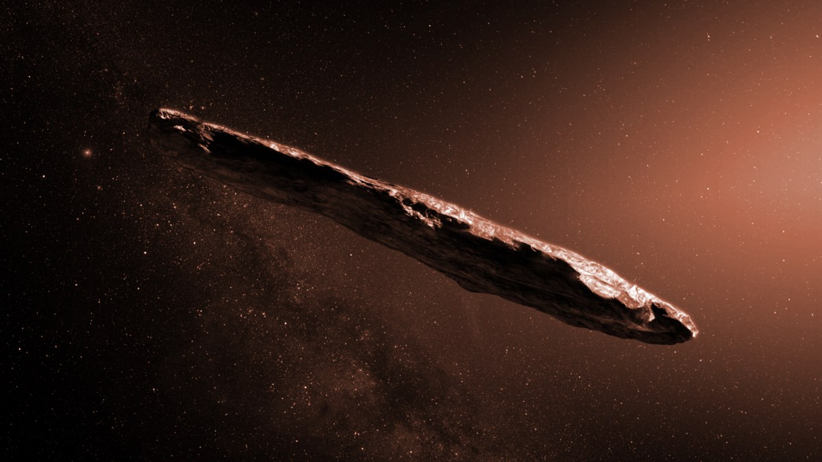 Oumuamua, le premier visiteur interstellaire connu. // Source : ESO/M. Kornmesser (photo recardée et modifiée) Oumuamua, le premier visiteur interstellaire connu. // Source : ESO/M. Kornmesser (photo recardée et modifiée)