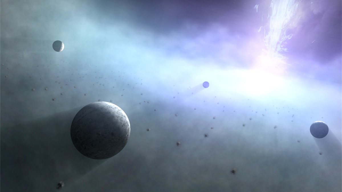 Des planètes en orbite autour d'un trou noir. // Source : Kagoshima University (photo recadrée) Des planètes en orbite autour d'un trou noir. // Source : Kagoshima University (photo recadrée)
