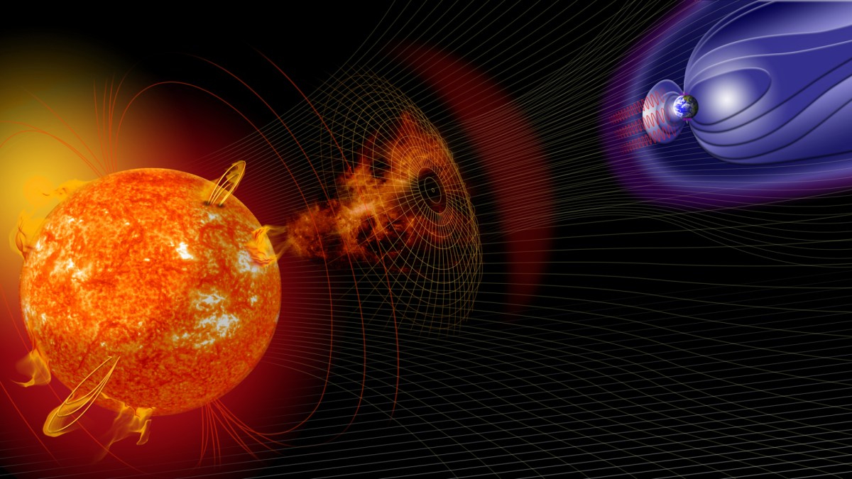 Une représentation d'une tempête solaire et de ses effets sur la Terre. // Source : Wikimedia/CC/Nasa (photo recadrée) Une représentation d'une tempête solaire et de ses effets sur la Terre. // Source : Wikimedia/CC/Nasa (photo recadrée)