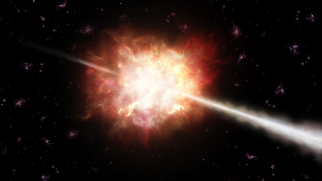 Un sursaut gamma. // Source : Wikimedia/CC/ESO/A. Roquette (photo recadrée) Un sursaut gamma. // Source : Wikimedia/CC/ESO/A. Roquette (photo recadrée)