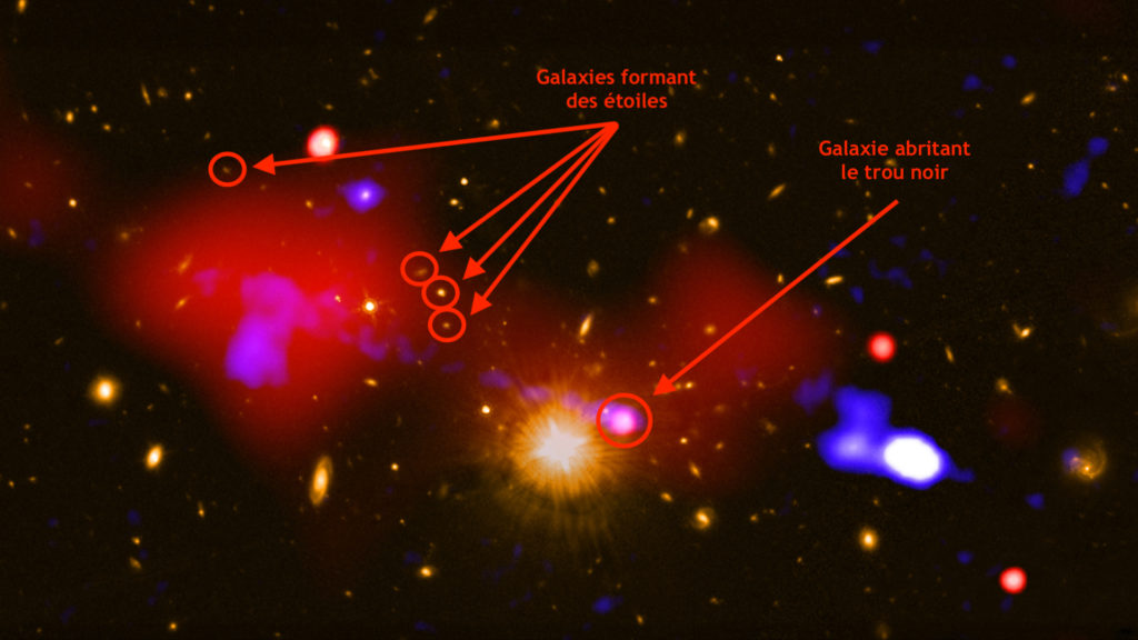 Le trou noir et les galaxies où la formation d'étoiles est favorisée. // Source : X-ray: NASA/CXC/INAF/R. Gilli et al.; Radio NRAO/VLA; Optical: NASA/STScI (photo recadrée et annotée) Le trou noir et les galaxies où la formation d'étoiles est favorisée. // Source : X-ray: NASA/CXC/INAF/R. Gilli et al.; Radio NRAO/VLA; Optical: NASA/STScI (photo recadrée et annotée)