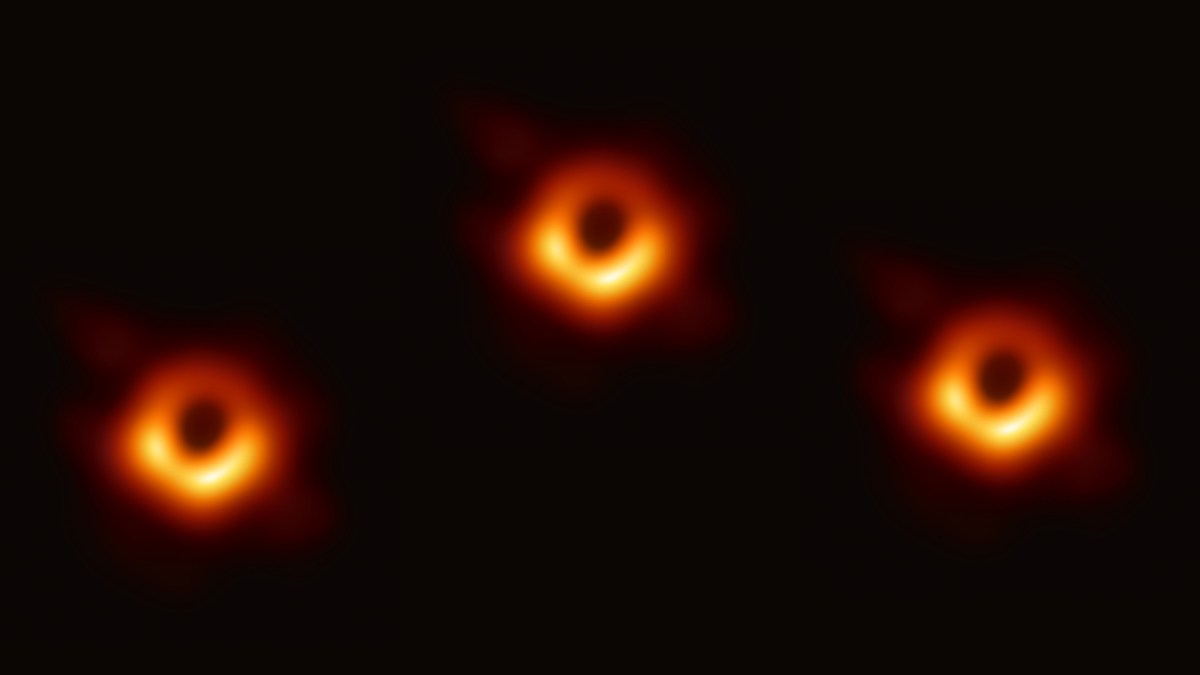 Trois trous noirs supermassifs ont été vus au centre d'une galaxie. // Source : Wikimedia/CC/Event Horizon Telescope, montage Numerama Trois trous noirs supermassifs ont été vus au centre d'une galaxie. // Source : Wikimedia/CC/Event Horizon Telescope, montage Numerama