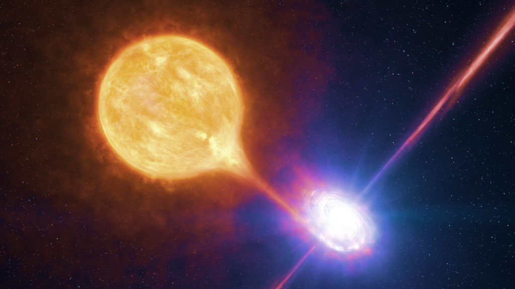 Représentation d'un trou noir stellaire. // Source : Wikimedia/CC/ESO/L. Calçada/M.Kornmesser (photo recadrée et modifiée) Représentation d'un trou noir stellaire. // Source : Wikimedia/CC/ESO/L. Calçada/M.Kornmesser (photo recadrée et modifiée)