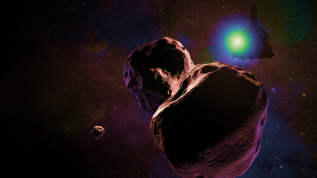 Une représentation d'Ultima Thulé et de la sonde New Horizons. // Source : NASA/JHUAPL/SwRI (photo modifiée) Une représentation d'Ultima Thulé et de la sonde New Horizons. // Source : NASA/JHUAPL/SwRI (photo modifiée)