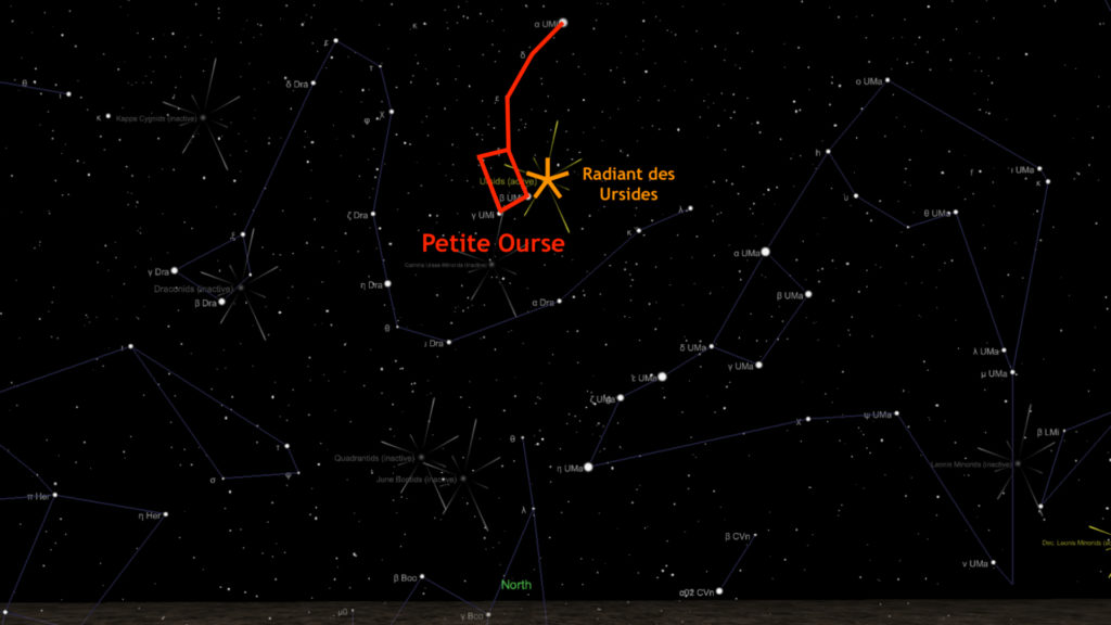Le radiant des Ursides, le 22 décembre à 21h, vu de Paris. // Source : Capture d'écran The Sky Live, annotations Numerama Le radiant des Ursides, le 22 décembre à 21h, vu de Paris. // Source : Capture d'écran The Sky Live, annotations Numerama