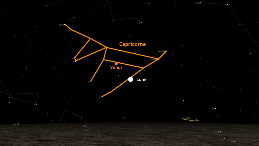 Vénus et la Lune, vues de Paris, le 28 décembre 2019 à 17h10. // Source : Capture d'écran The Sky Live, annotations Numerama Vénus et la Lune, vues de Paris, le 28 décembre 2019 à 17h10. // Source : Capture d'écran The Sky Live, annotations Numerama
