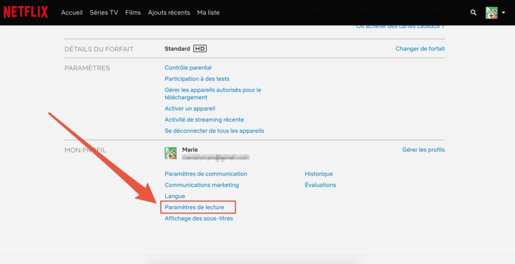 Capture d'écran des paramètres de Netflix Capture d'écran des paramètres de Netflix