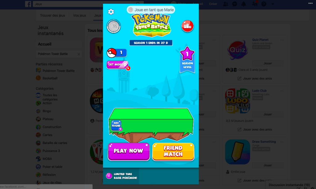 Pokémon Tower Battle dans Facebook // Source : Numerama Pokémon Tower Battle dans Facebook // Source : Numerama