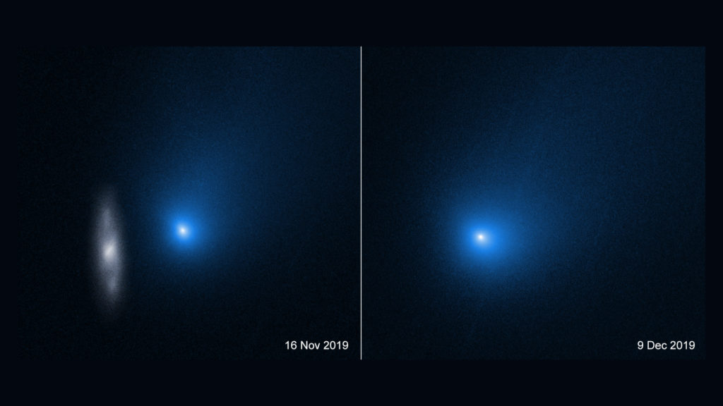 La comète Borisov avant et après son approche du Soleil. // Source : NASA, ESA and D. Jewitt (UCLA) (photo recadrée) La comète Borisov avant et après son approche du Soleil. // Source : NASA, ESA and D. Jewitt (UCLA) (photo recadrée)