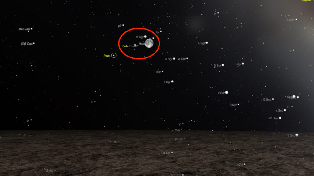 La conjonction entre Saturne et la Lune dans la nuit du 18 au 19 juin 2019. // Source : Capture d'écran The Sky Live, annotation Numerama La conjonction entre Saturne et la Lune dans la nuit du 18 au 19 juin 2019. // Source : Capture d'écran The Sky Live, annotation Numerama
