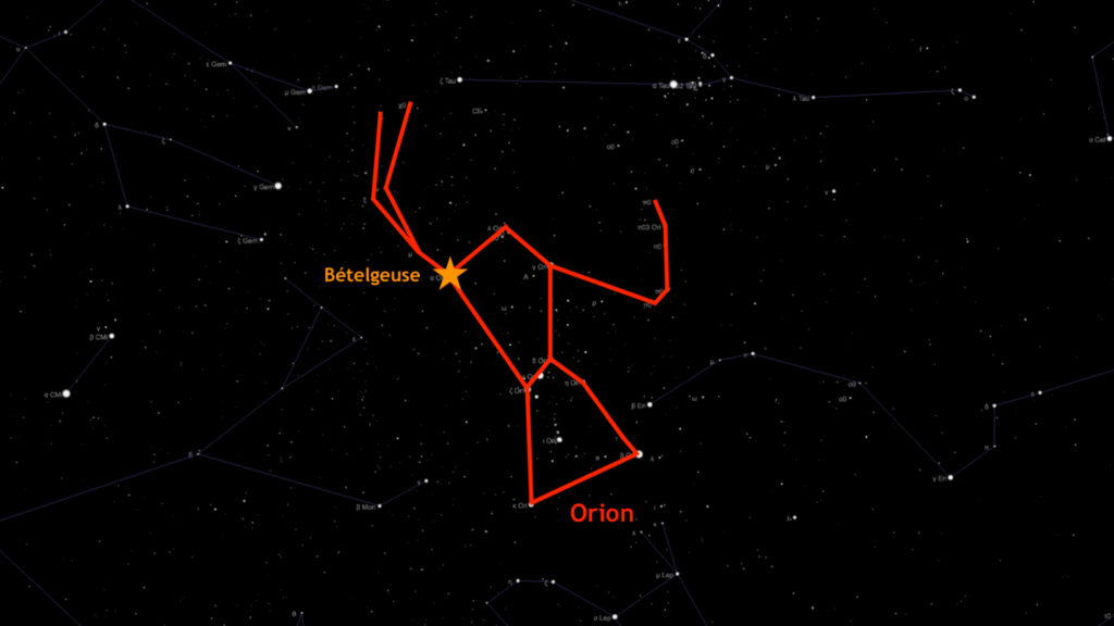 La position de Bételgeuse dans la constellation d'Orion. // Source : Capture d'écran The Sky Live, annotations Numerama La position de Bételgeuse dans la constellation d'Orion. // Source : Capture d'écran The Sky Live, annotations Numerama