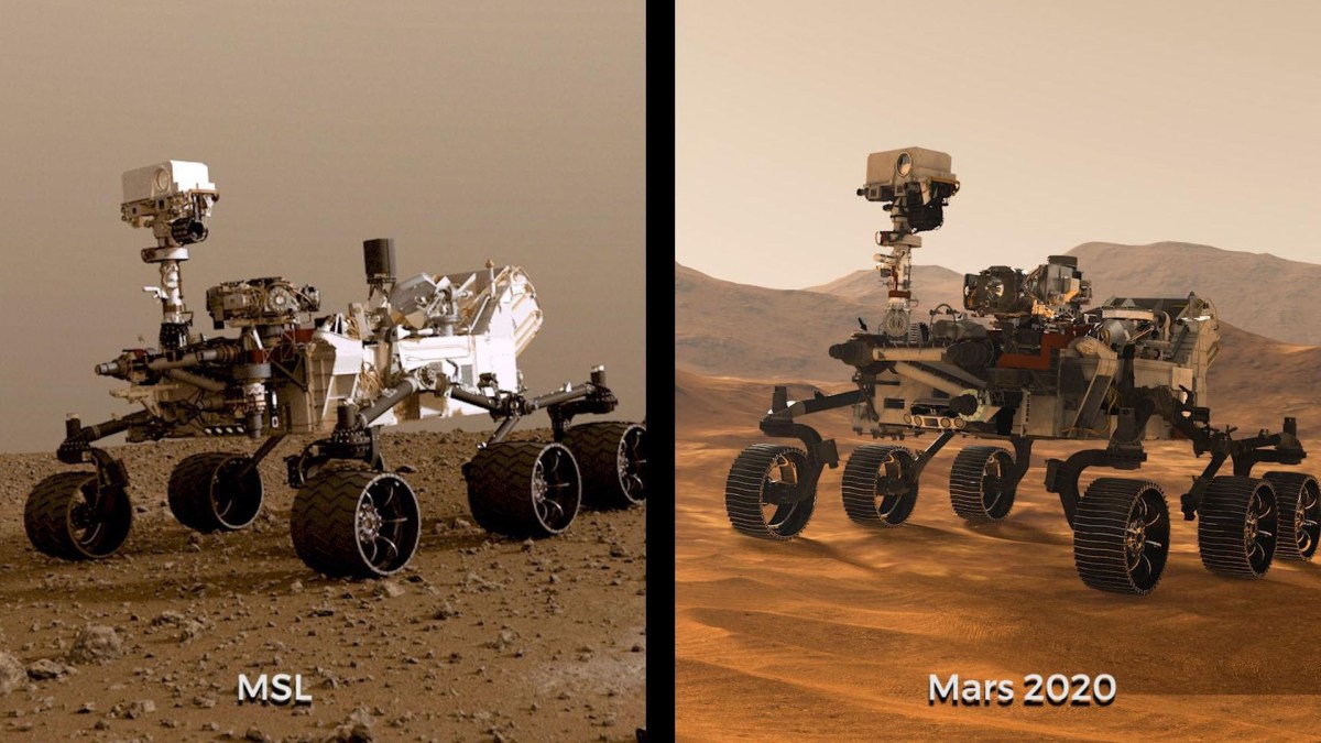 Curiosity et Mars 2020. // Source : NASA/JPL-Caltech (photo recadrée) Curiosity et Mars 2020. // Source : NASA/JPL-Caltech (photo recadrée)
