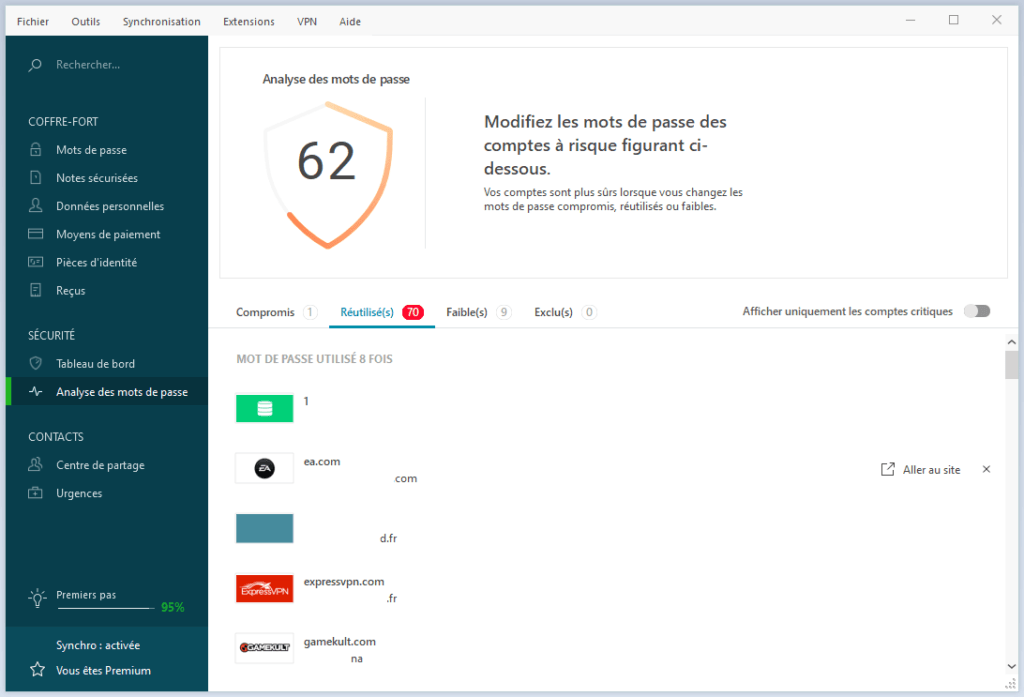Dashlane catégorise les mots de passe et indique quand ils sont réutilisés trop souvent (ici, 8 fois !), sur quels sites ou services et avec quel compte. Dashlane catégorise les mots de passe et indique quand ils sont réutilisés trop souvent (ici, 8 fois !), sur quels sites ou services et avec quel compte.