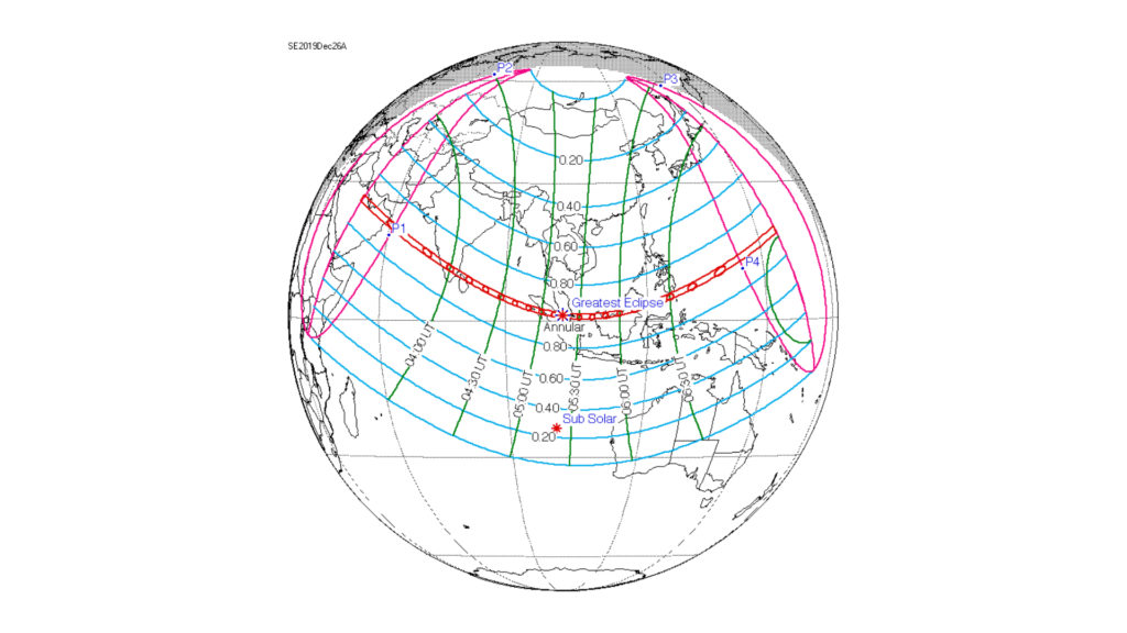 La bande de centralité de l'éclipse est représentée en rouge. // Source : Wikimedia/CC/Nasa (photo recadrée) La bande de centralité de l'éclipse est représentée en rouge. // Source : Wikimedia/CC/Nasa (photo recadrée)