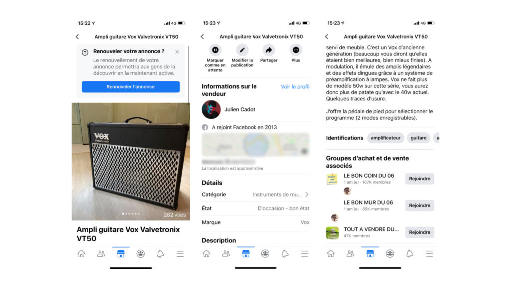 Sur Facebook, une annonce rassure aussi par les informations sur le vendeur // Source : Captures d'écran Numerama Sur Facebook, une annonce rassure aussi par les informations sur le vendeur // Source : Captures d'écran Numerama