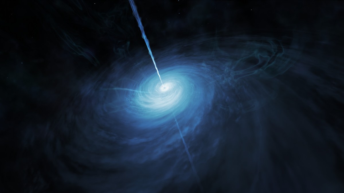 Le quasar J043947.08+163415.7, qui contient un trou noir supermassif. // Source : ESA/Hubble, NASA, M. Kornmesser (photo recadrée) Le quasar J043947.08+163415.7, qui contient un trou noir supermassif. // Source : ESA/Hubble, NASA, M. Kornmesser (photo recadrée)