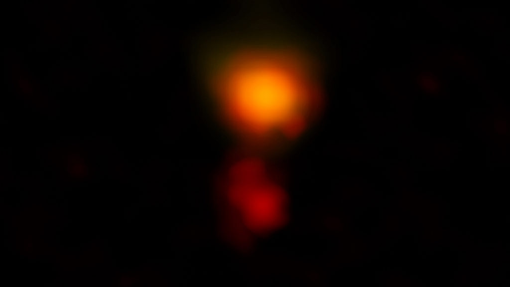 L'image radio de la galaxie MAMBO-9. // Source : ALMA (ESO/NAOJ/NRAO), C.M. Casey et al.; NRAO/AUI/NSF, B. Saxton L'image radio de la galaxie MAMBO-9. // Source : ALMA (ESO/NAOJ/NRAO), C.M. Casey et al.; NRAO/AUI/NSF, B. Saxton