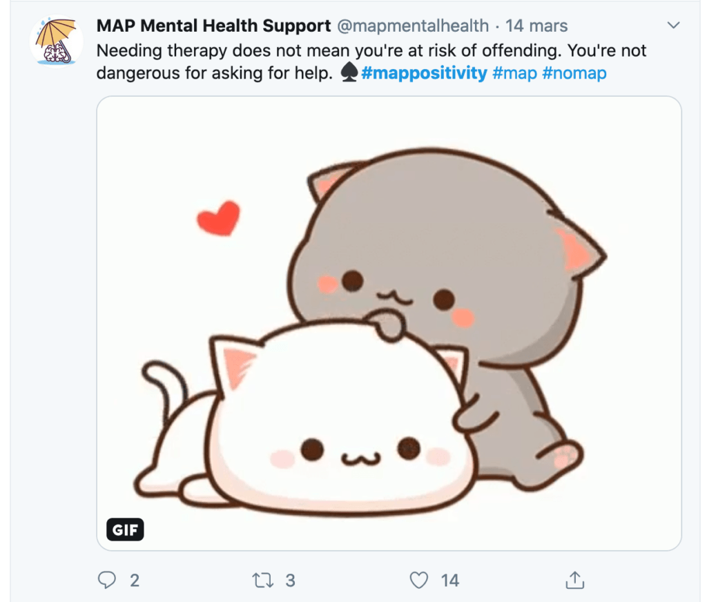 Un message publié sur Twitter, qui invite les Map à chercher un soutien médical. // Source : Capture d'écran Twitter / Numerama Un message publié sur Twitter, qui invite les Map à chercher un soutien médical. // Source : Capture d'écran Twitter / Numerama