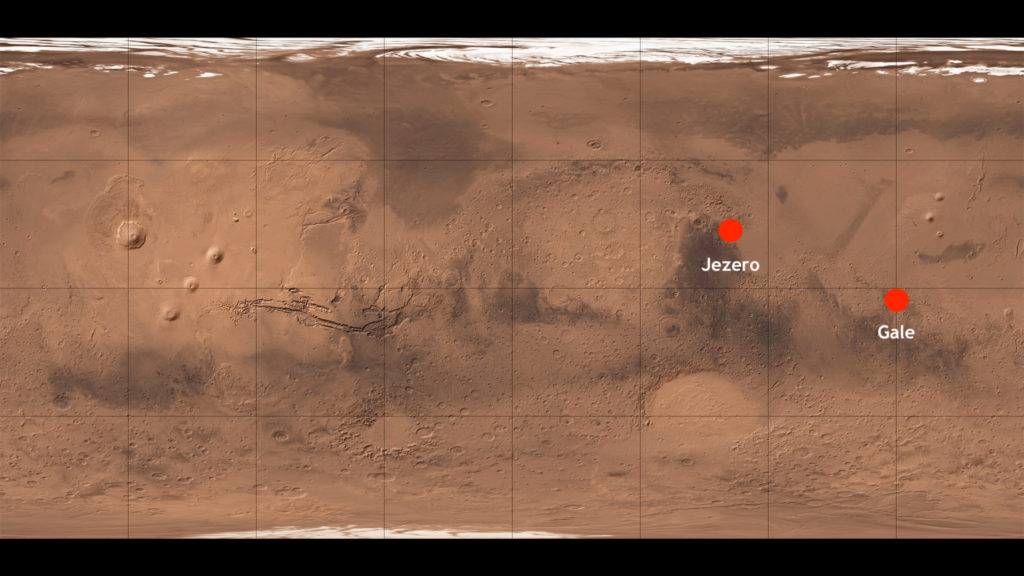 L'emplacement des cratères Gale et Jezero sur Mars. // Source : Wikimedia/CC/NASA, USGS et Who killed Bambi ? (photo recadrée, annotations Numerama) L'emplacement des cratères Gale et Jezero sur Mars. // Source : Wikimedia/CC/NASA, USGS et Who killed Bambi ? (photo recadrée, annotations Numerama)