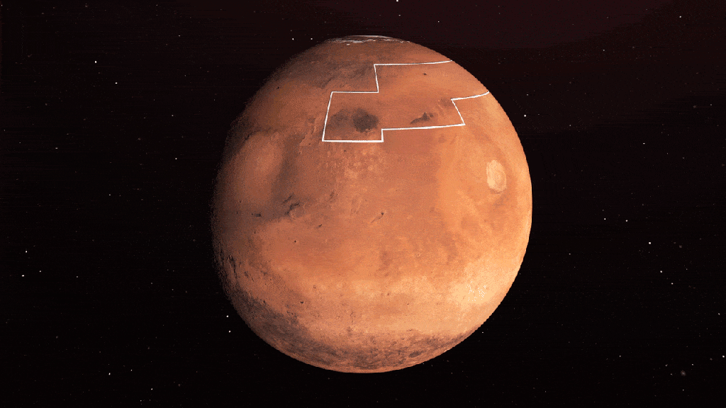 La zone encadrée en blanc désigne la partie pertinente pour un atterrissage, et il y a de l'eau proche de la surface dans cette région. // Source : Nasa