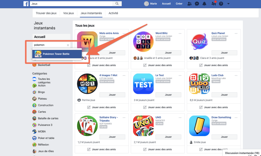 Capture d'écran d'une recherche Jeux dans Facebook // Source : Numerama Capture d'écran d'une recherche Jeux dans Facebook // Source : Numerama