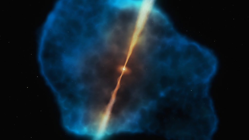 Le halo de gaz d'hydrogène, en bleu, qui entourait probablement les quasars. // Source : ESO/M. Kornmesser (photo recadrée) Le halo de gaz d'hydrogène, en bleu, qui entourait probablement les quasars. // Source : ESO/M. Kornmesser (photo recadrée)