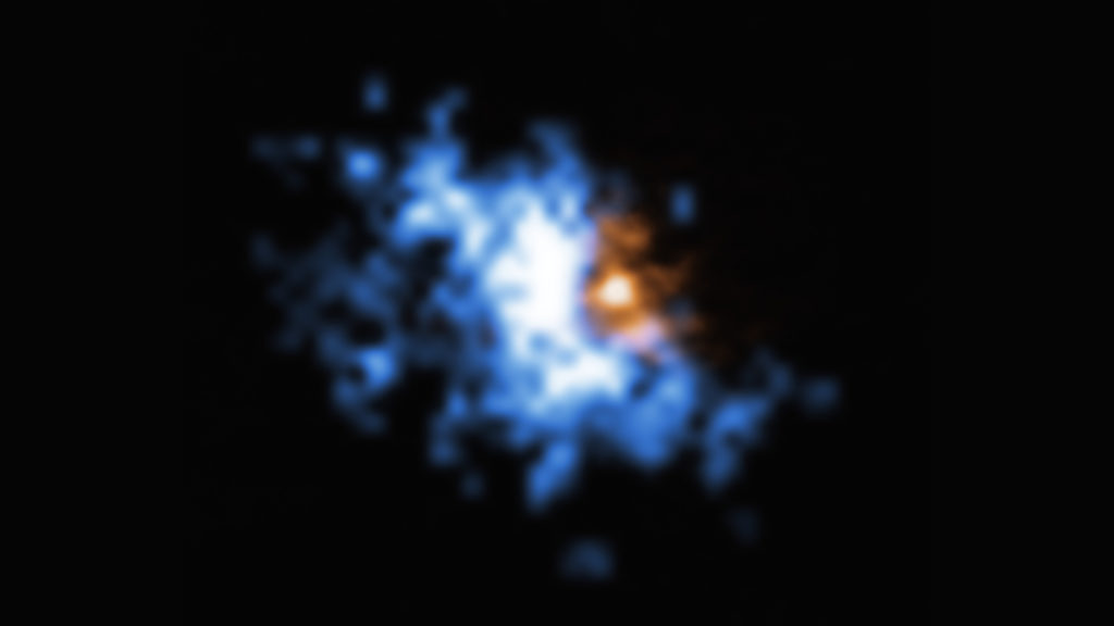Un halo de gaz observé par MUSE. // Source : ESO/Farina et al.; ALMA (ESO/NAOJ/NRAO), Decarli et al. (photo recadrée) Un halo de gaz observé par MUSE. // Source : ESO/Farina et al.; ALMA (ESO/NAOJ/NRAO), Decarli et al. (photo recadrée)